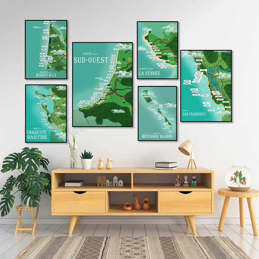 Martinique, Bordeaux-Gironde, France, Guadeloupe, Brittany, Basque Country, Bali Uluwatu surf map poster, gift for surfers