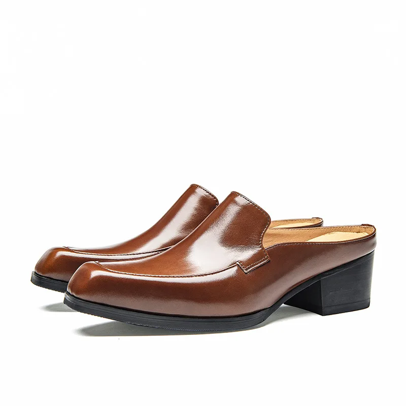 Men's Brown Backless Mule Loafers Block Heel Square Toe Slip‑on Leather Slippers