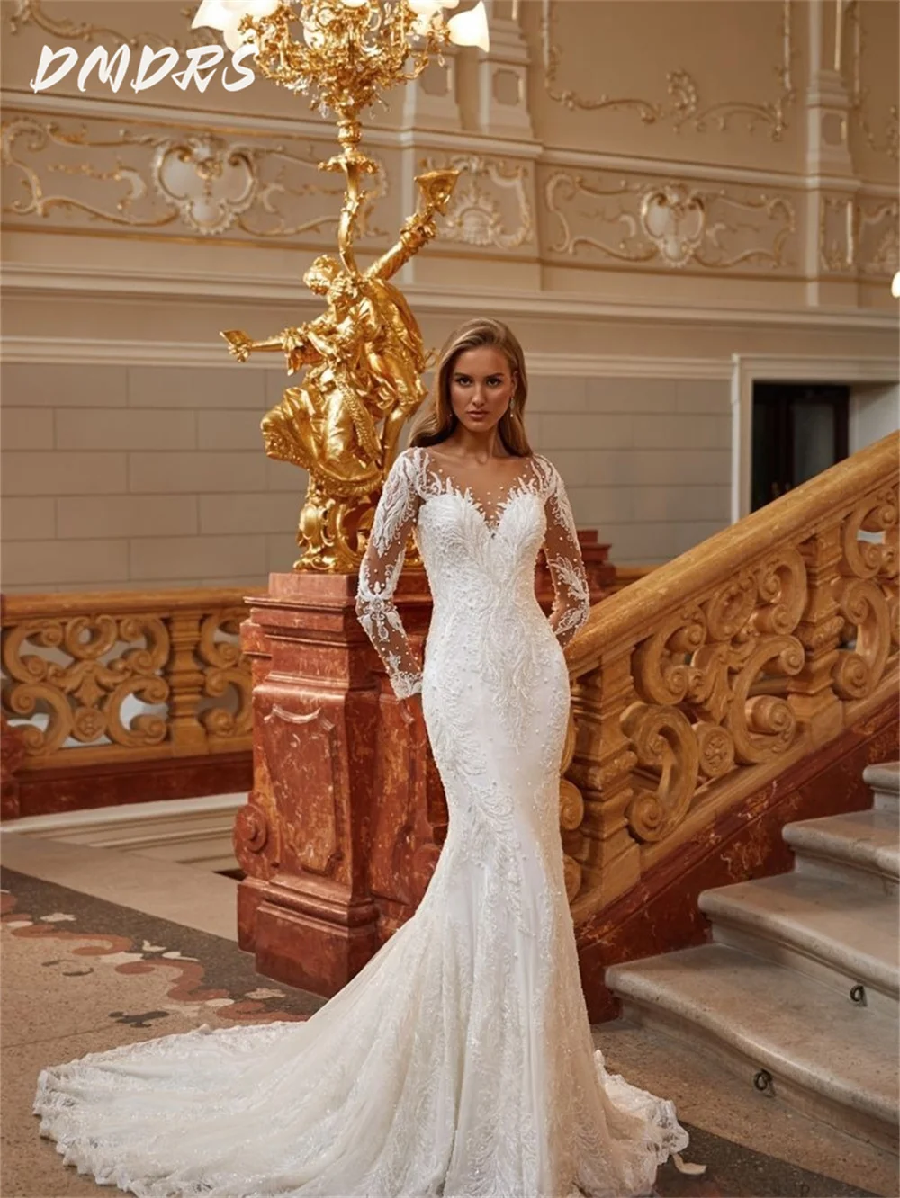 

Elegant Long Sleeve Wedding Dress 2025 Luxurious Beaded Bridal Dress Customized Elegant Bridal Gown For Wedding Party