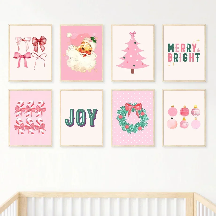 1PC Large-sized frameless canvas paintings,Modern Simple Wall Art Pink Christmas Tree Father Christmas HD Canvas Print Poster Ho