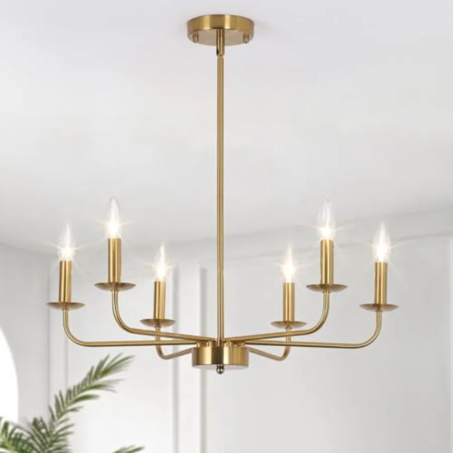 

Modern Farmhouse Gold Chandelier for Dining Room 6 Lights Rustic Candle Gold Chandelier Light Fixture Adjustable Height Ceiling
