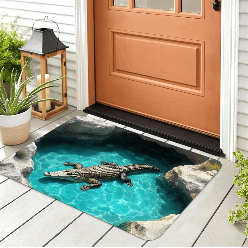 Crocodile 3D Printed Flannel Rug Water Scene Indoor Floor Mat Jungle Animal Design Home Decor Living Room Entryway Art Unique