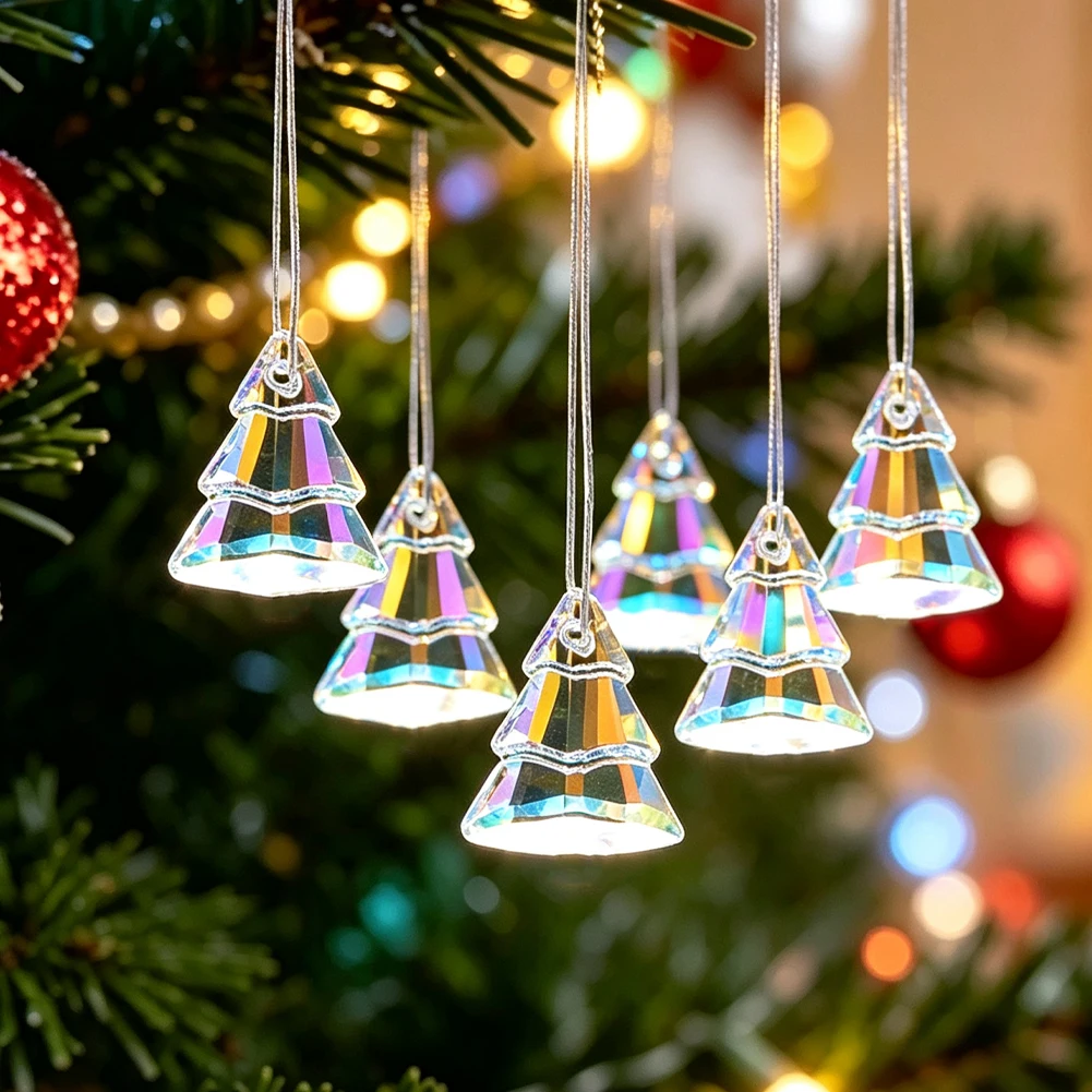 D9 20PCS Crystal Glass Beads Christmas Tree Shape Loose Spacer Bead Suncatcher Making Shiny Xmas Garland Decor Keychain Pendant