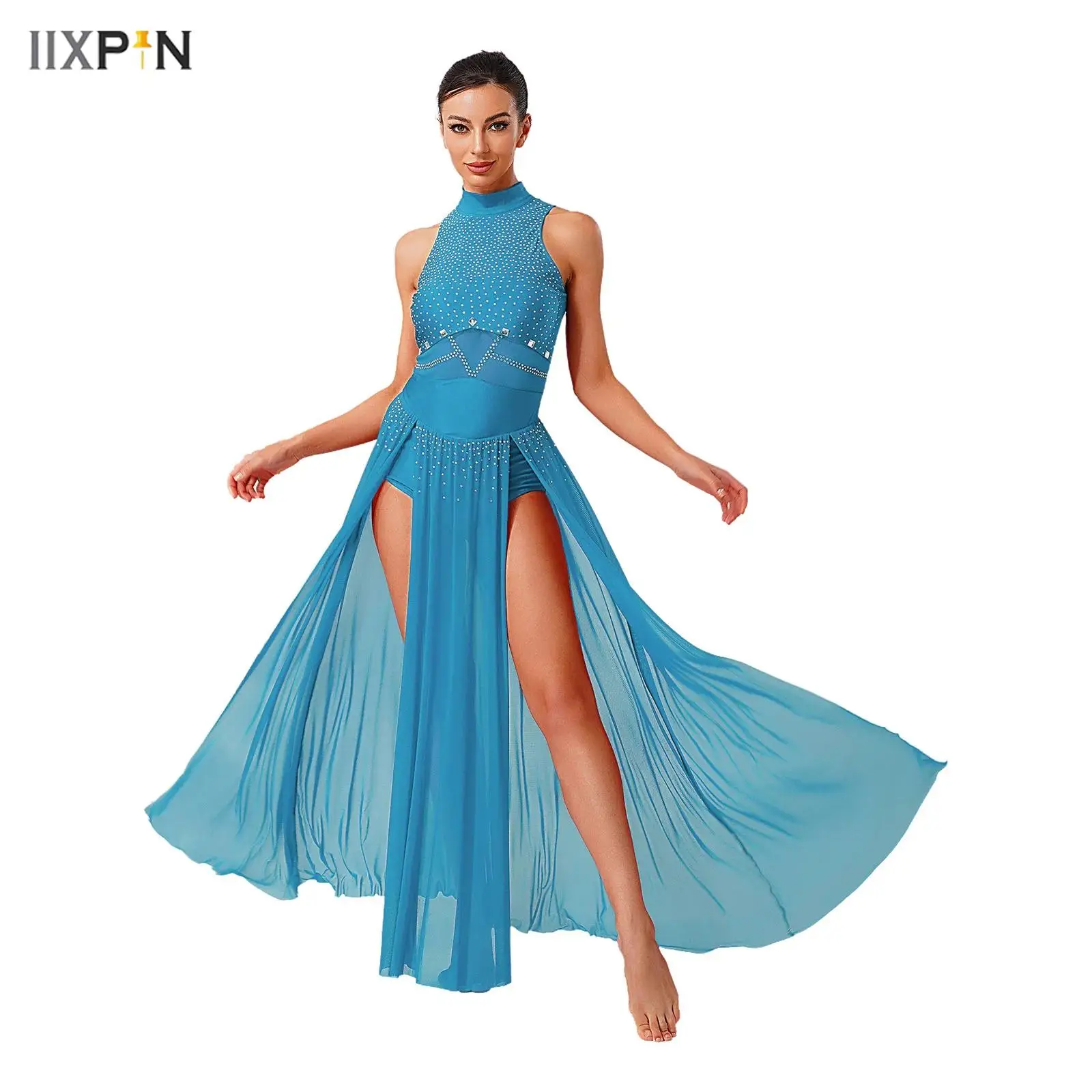 

Womens Lyrical Dance Leotard Dress Glittery Rhinestone Sleeveless Sheer Mesh Slit Hem Maxi Dress Gymnastic Modern Dance Costume