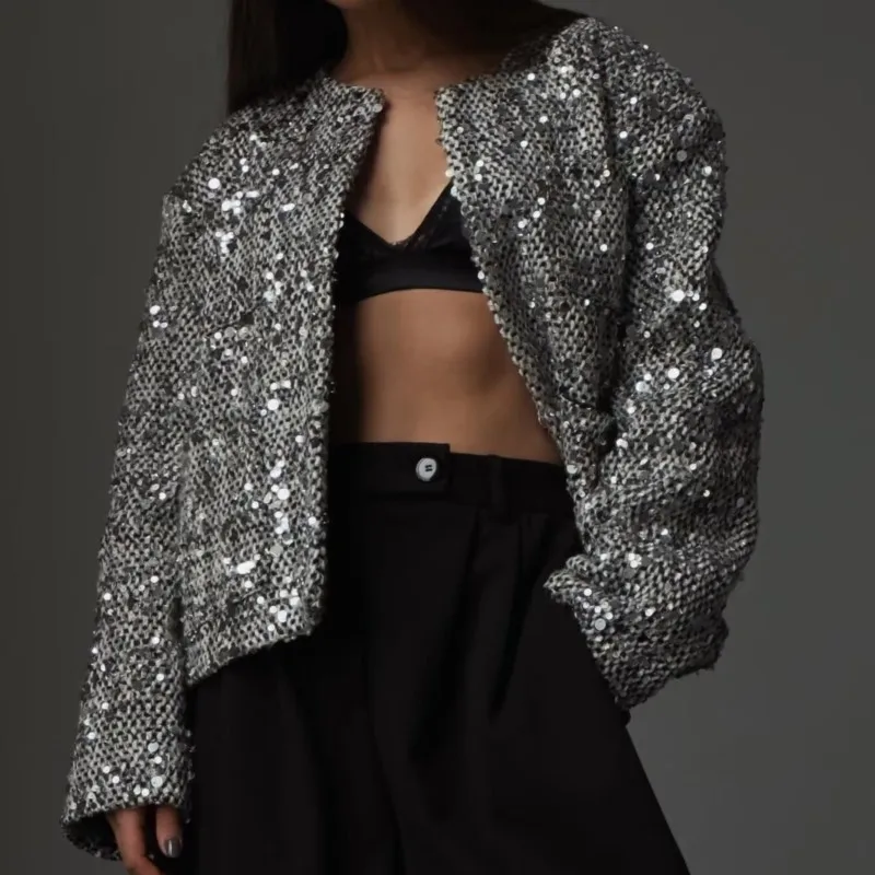 

2025 Winter New Women's Round Neck Tweed Blazer Embellished with Sparkling Sequins Chunky Textured & Trendy Outerwear