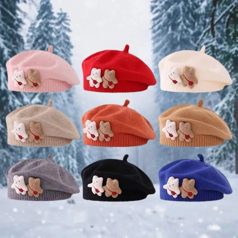 

Вязаный берет с ремешком Sweet Bear, теплая шапка-бини на осень-зиму, однотонные шапки-бини для маленьких девочек