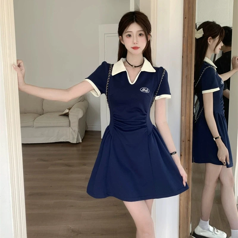 Summer Women Sweet Comfortable Ruched Dress Lady Korean Vintage A-line Dress Female Cutecore Korean Collared Designer Dress