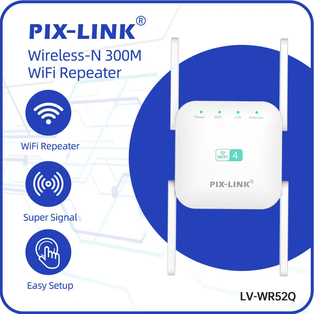 PIX-LINK 2.4GHz 300Mbps WiFi Repeater 4 Antennas Signal Booster for Home Wall Penetration WPS Easy Setup Extend Coverage WR52Q ﻿