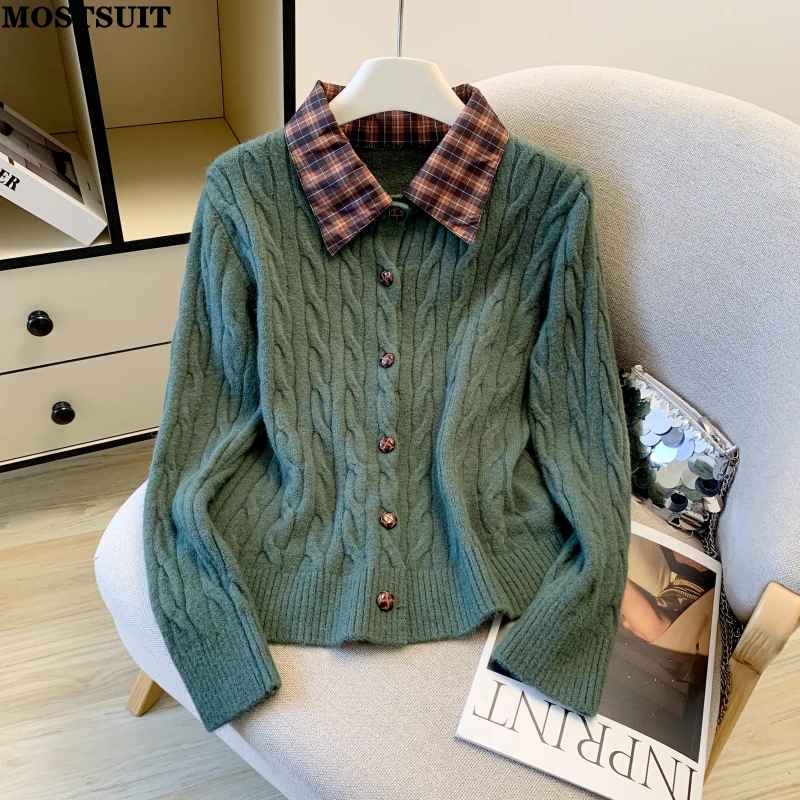 

Fake 2 Pieces Sweater Cardigan Women 2026 Autumn Twisted Knit Long Sleeve Spliced Tops Knitwear Stylish Elegant Vintage Jumpers