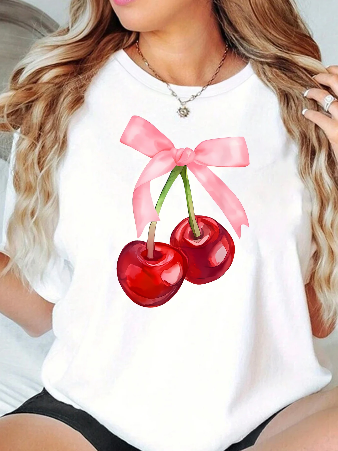 

Bow delicious cherry ladies short sleeve casual Joker top fashion women T-shirt