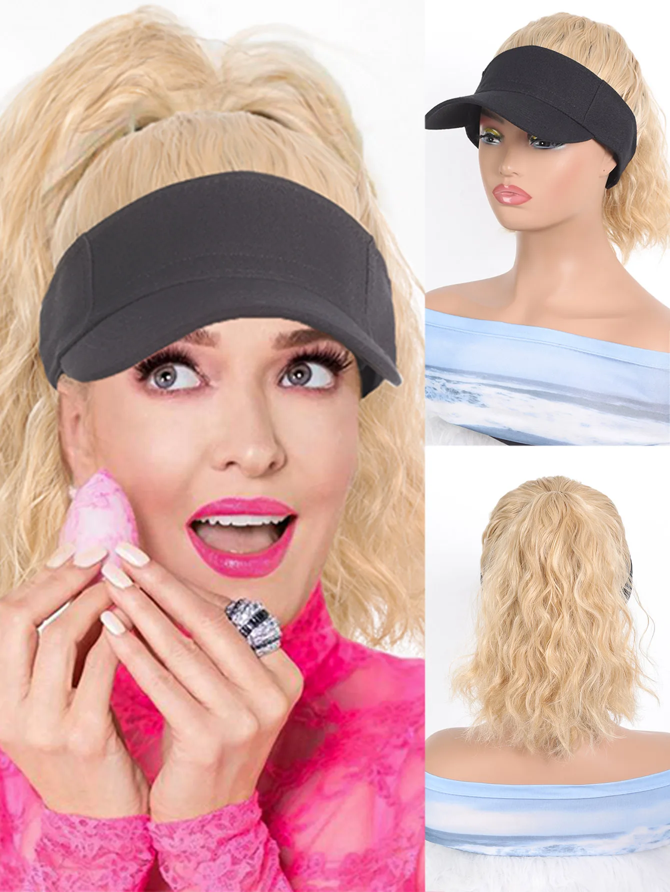 Synthetic Natural Curly Hair Ponytail Extension Wig Travel Beach Shade Black Baseball Cap All-in-one Easy to Wear Hat Wig