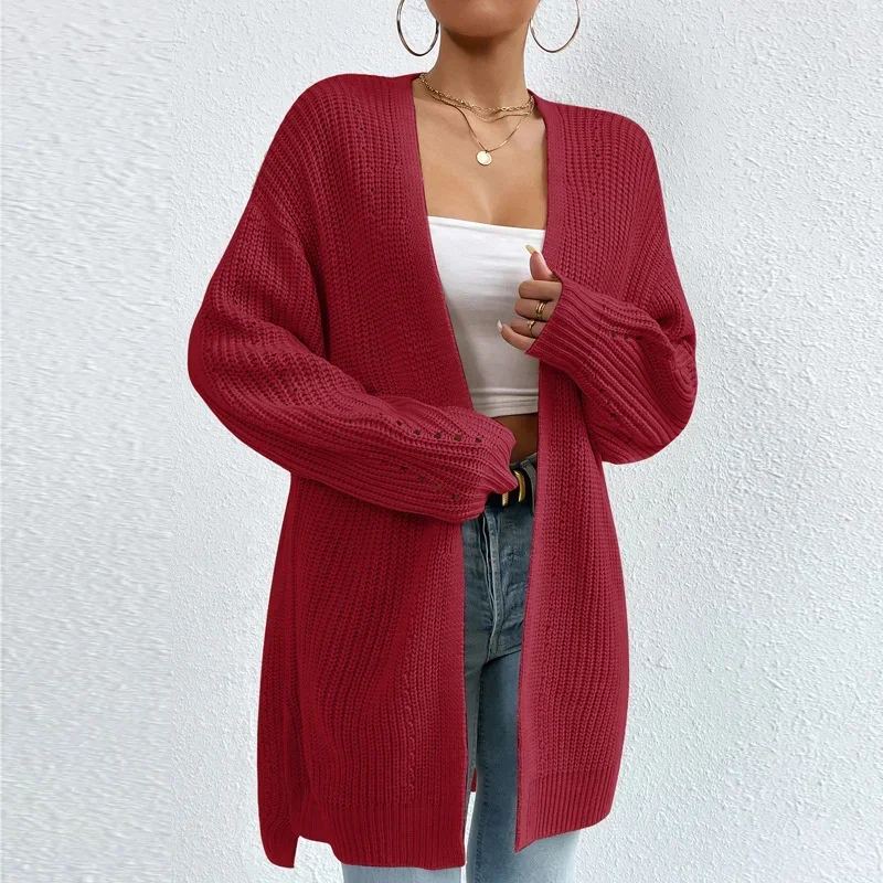 2024 Autumn Elegant Solid Cardigan Sweater Women Winter Thickened Warm Split Hem Long Jumpers Female Commuter Knitted Outerwear