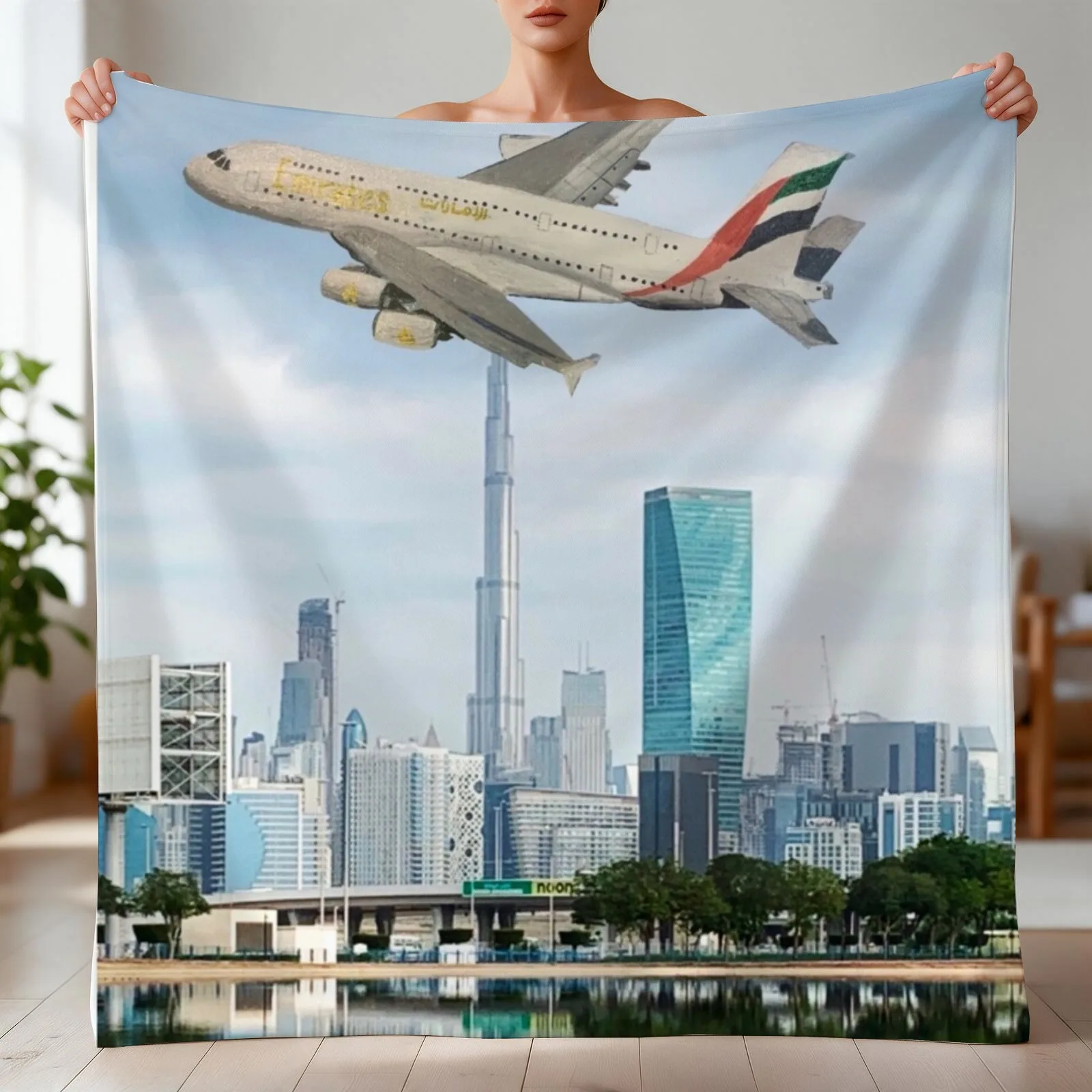 Emirates Airbus A380 flying over Dubai Throw Blanket Luxury Throw Custom for winter Blankets