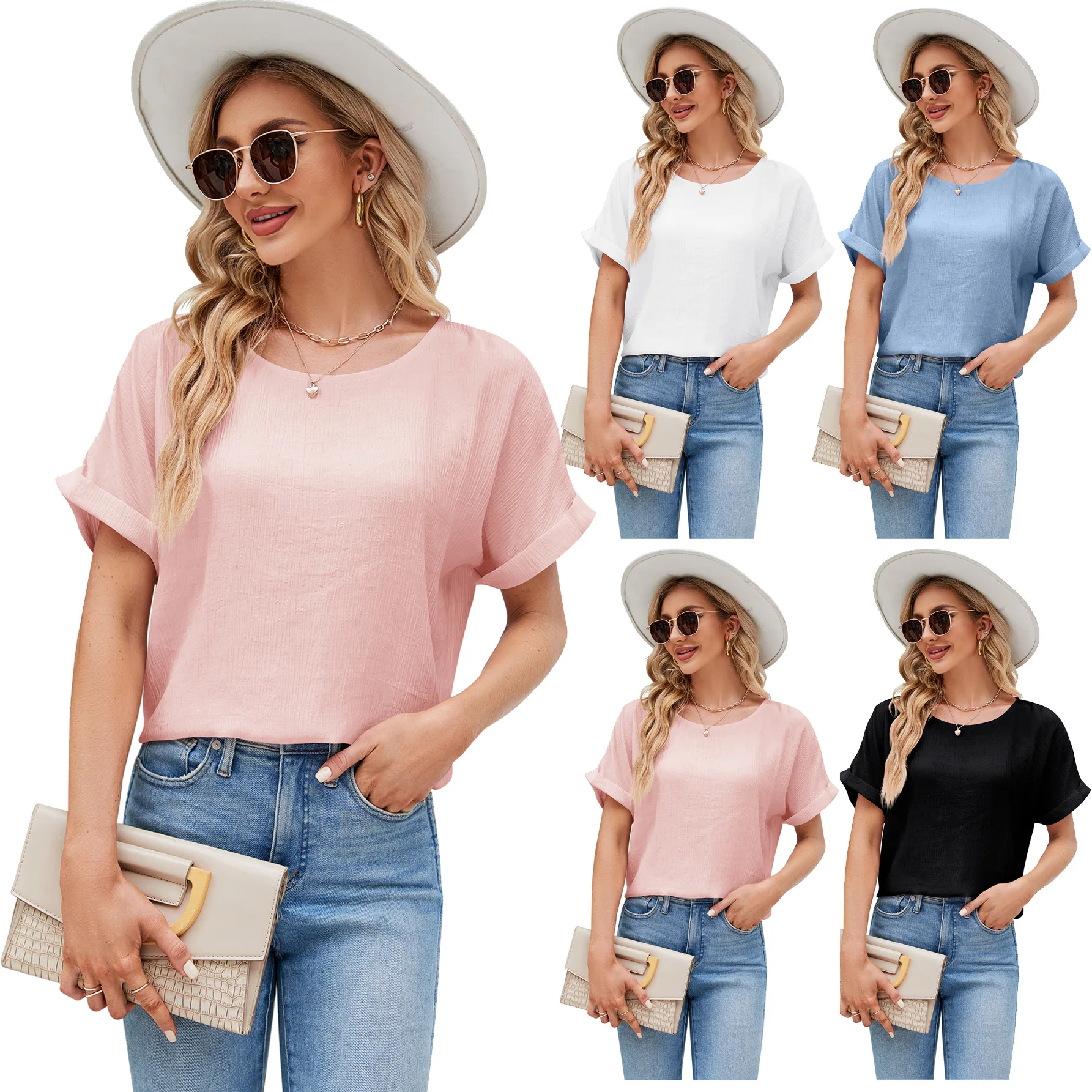 Women's Summer Blouse 2024 New Round Neck Cotton Linen Shirt Female Short Sleeved Loose Solid Color Breathable Top Women T-shirt