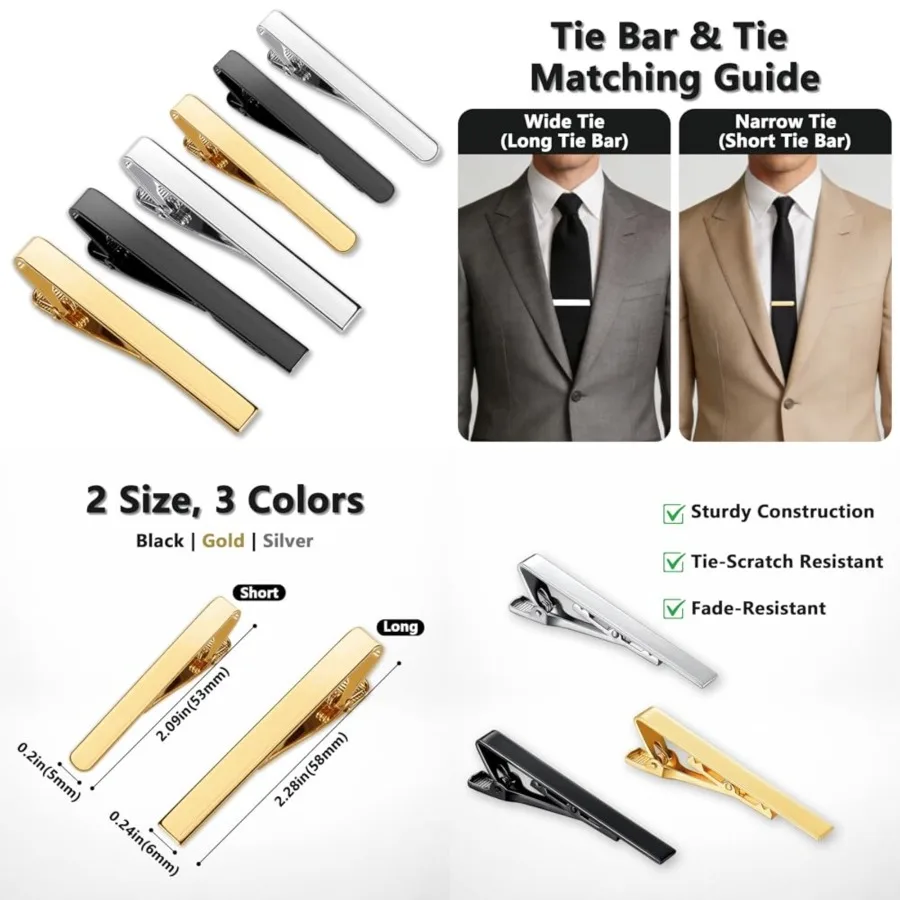 

Tie Clips for Men 6-Pack, Classic Necktie Bar Set with Gold Silver Black 3 Tones, Men's Jewelry Accessories Pinch Clips for Wedding, Business and Formal Gifts