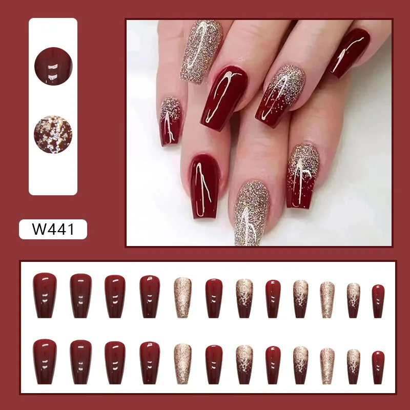 24PCS Sparkling Gold Powder Wine Red Nail Art Medium Long Fake Nail Art Festival Wearing Armor European and American Ins Style