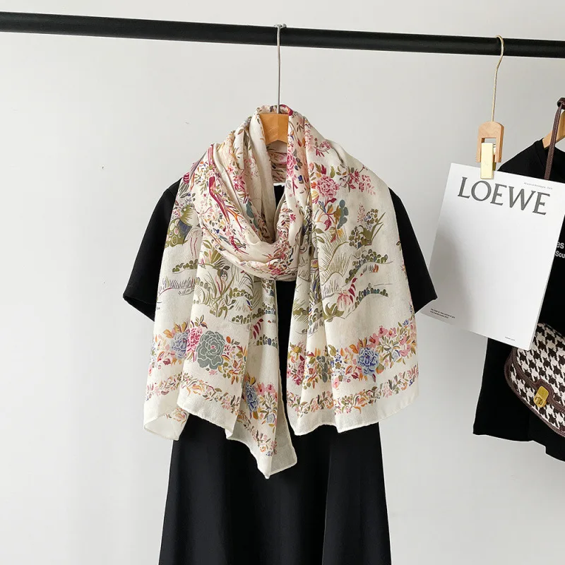 180x90cm Simple Elegance Floral Bird Print Silk Scarf Lyric Velvet Korean Style Countryside Flower Warm Sunscreen Large Shawl image 4