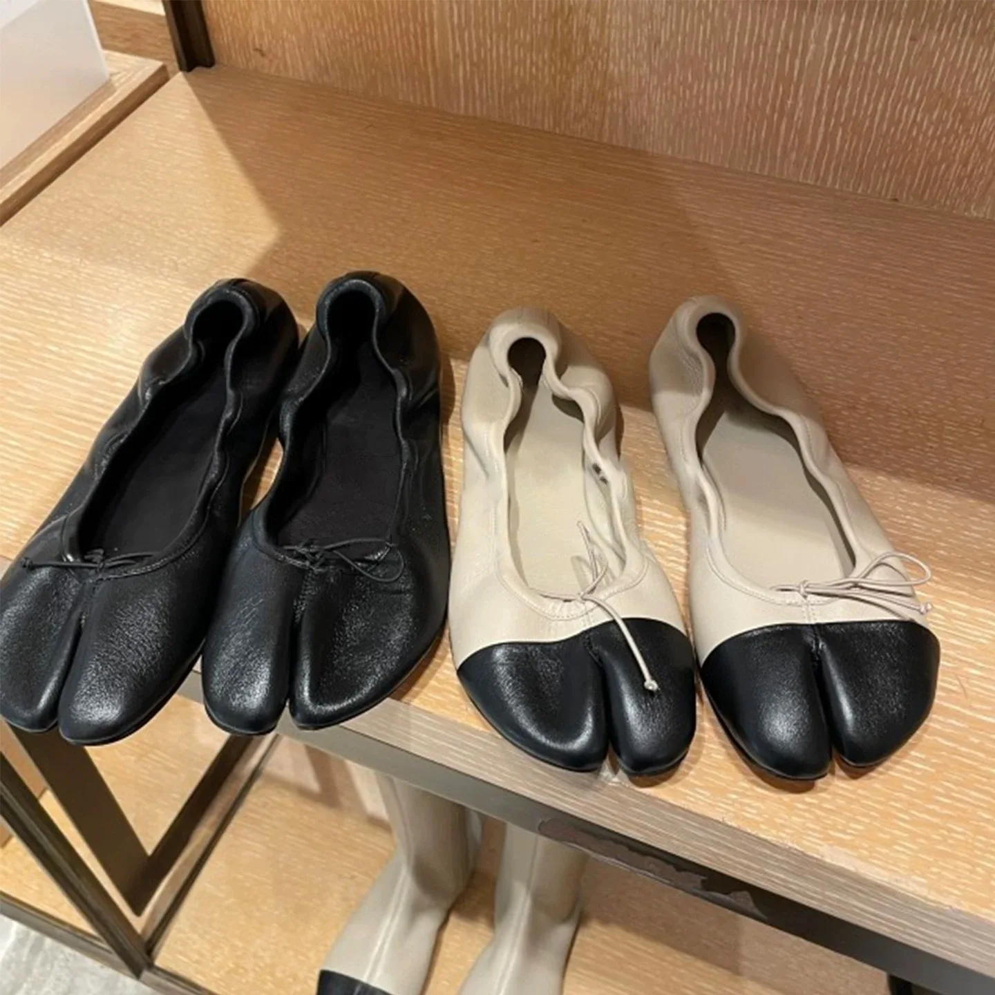 Women Soft Leather Split Toe Tabi Ballet Flats Mini Bow Two Tone Colorblock Slip On Casual Daily Ballerina Shoes Leisure Lady de
