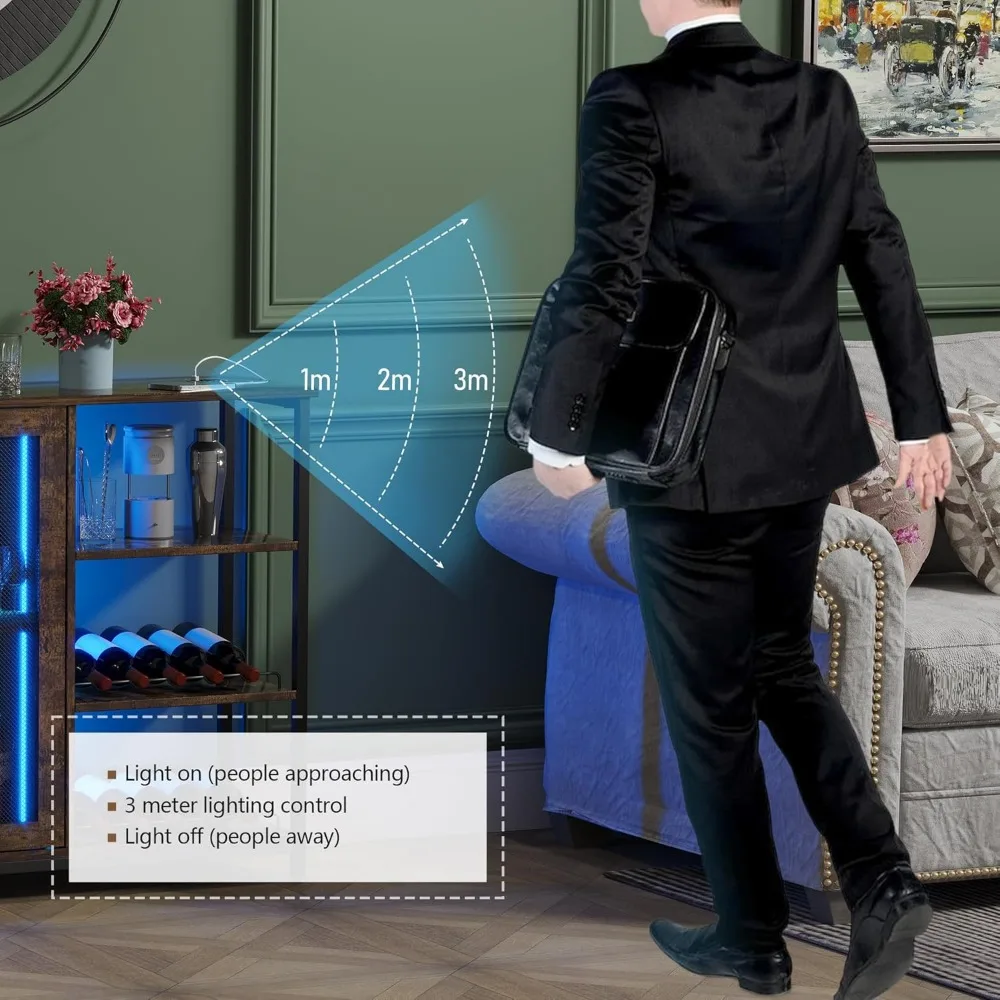 LED Farmhouse Coffee Bar Cabinet, Wine Cabinets with Removable Wine Rack, Buffet Cabinet with Motion Sensor for Kitchen, Dining