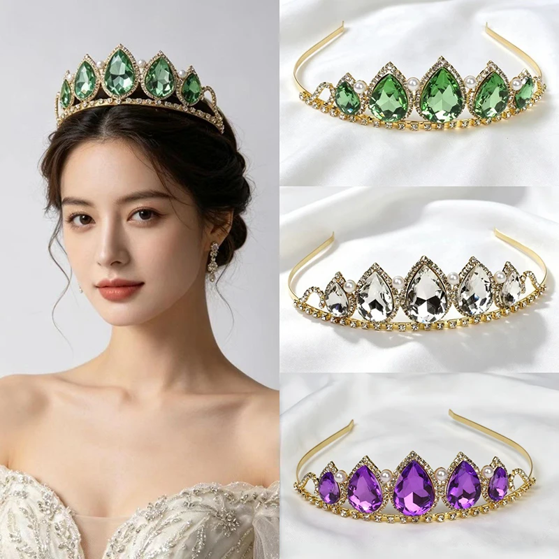 Green Water Drop Rhinestone Crystal Crown Headpiece Women Bridal Hair Accessories Wedding Tiara Bride Hair Jewelry view 2
