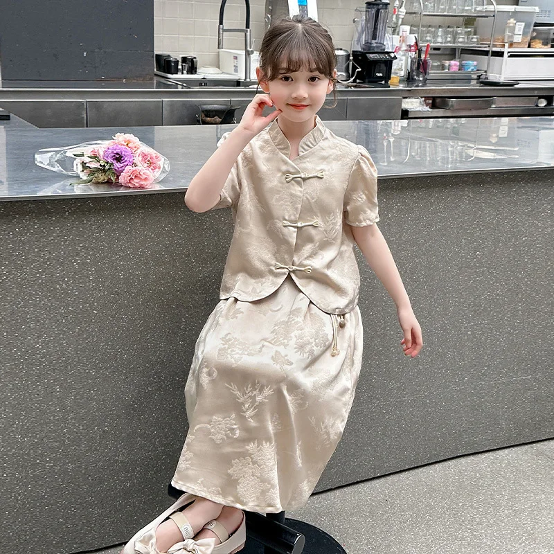 Girls Suits New Chinese Women Dress Set Girls 2024 New Little Girl Summer Dress Children Two-piece Set Clothes Skirt Simple