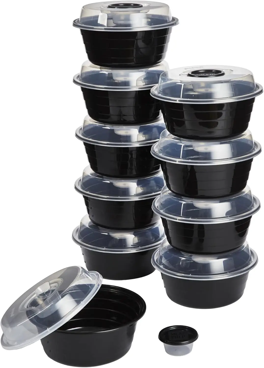 Paquete de 10 Recipientes para Preparación de Comidas de 4 Tazas con Tapas y Recipientes para Salsas, Aptos para Microondas, Libres de BPA, Negros
