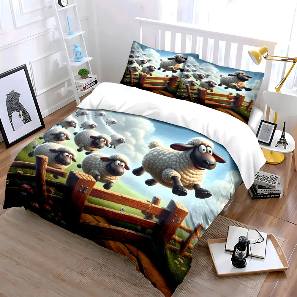 Playful sheep jumping over fence Pattern Duvet Cover Set Digital Print Colorful Polyester Bedding with Zipper Closur for gifts