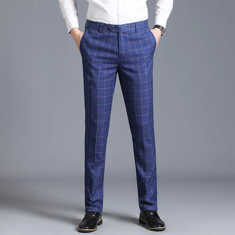 2025 New Burgundy Navy Plaid Casual Suit Pants for Men, Beige/Blue Vertical Stripe Non-Iron Slim Small Leg Work Trousers Men