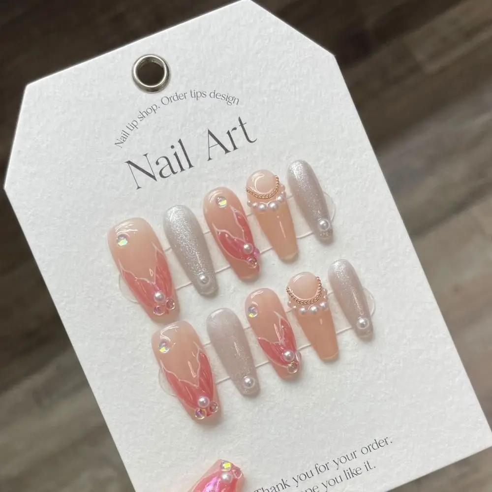 10 Stks/doos Pure Handleiding 3d Hand Schilderen Handgemaakte Nagels Met Gereedschapskist Full Cover Fancy Fishtail Nep Nail Xs S M L Druk Op Nagels