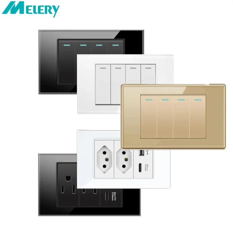 Melery US Mexico Wall Electric Switch 118 Brazil Glass Panel Jack Three Position Power Switches 1/2/3/4Gang Home Office Kitchen