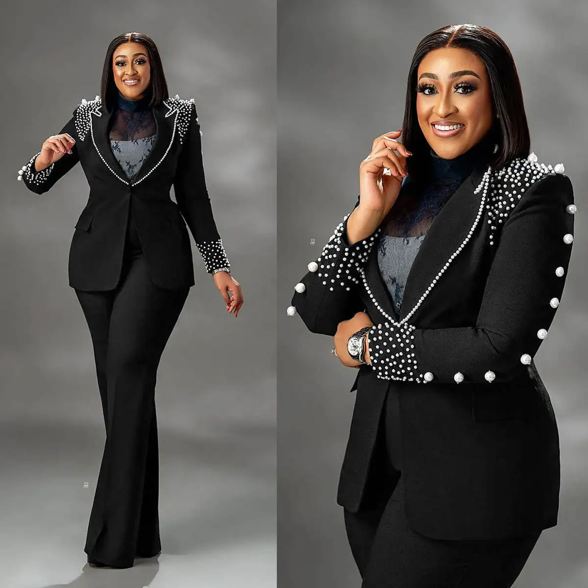 Plus Size Women Pant Suit Sets Big Pearls Beading Blazer Top Ladies Party Birthday Prom Fashion 2 Pieces Custom Made Outfits