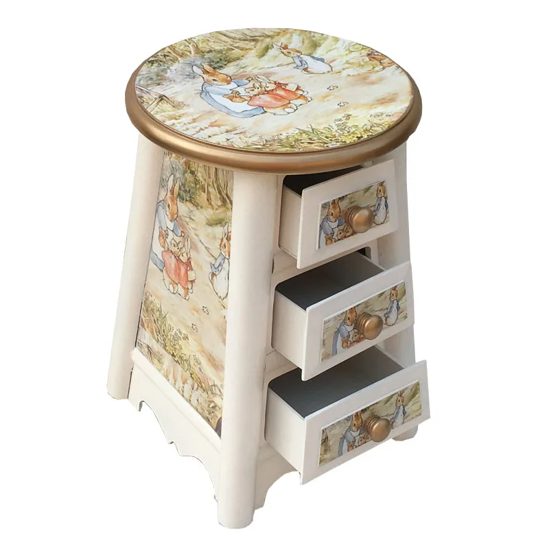 Armazenamento de madeira maciça Stool, fezes redondas, três gavetas Stool, mobiliário de estilo europeu e coreano, Pastoral Dressing Stool, 45 alta