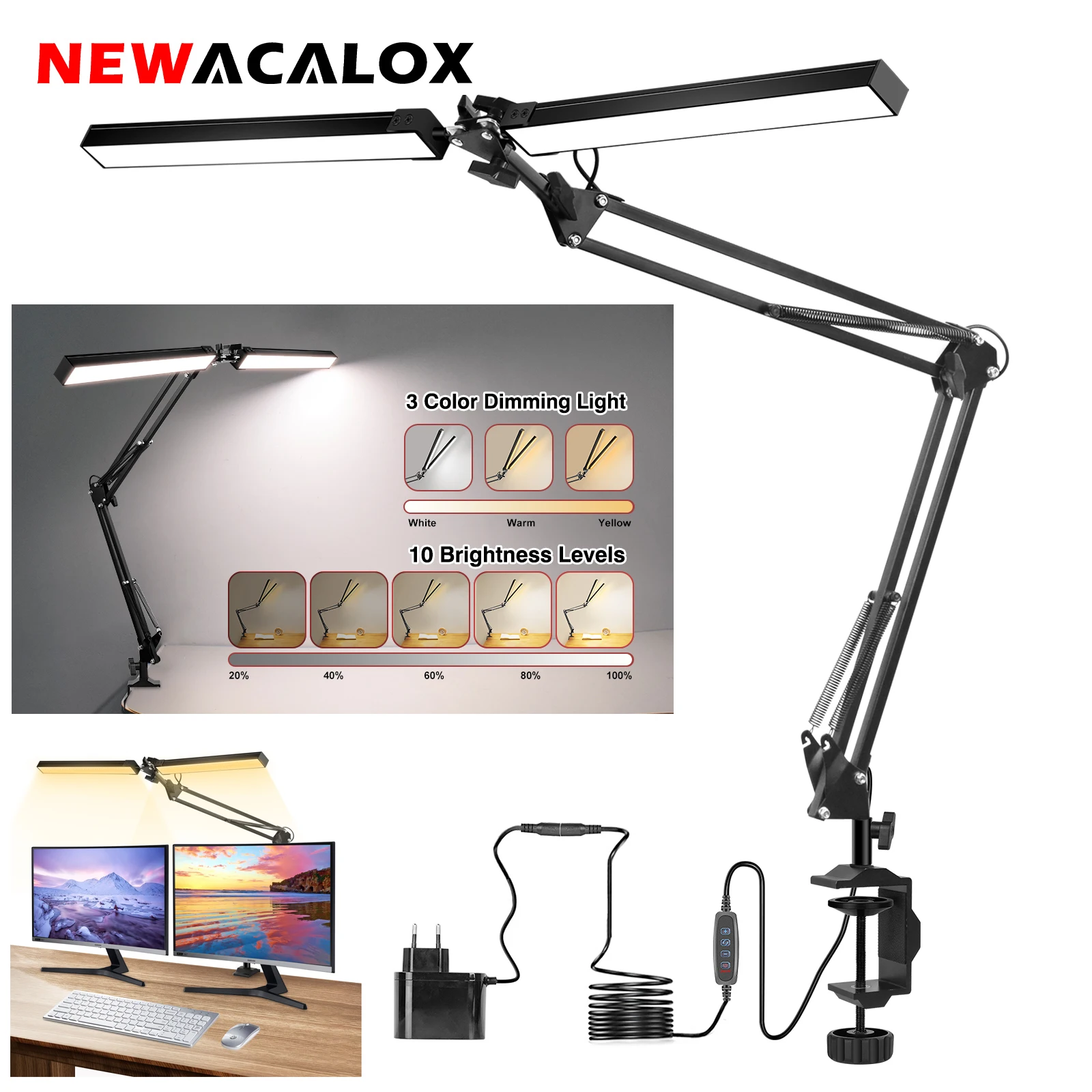NEWACALOX LED Desk Lamp with Clamp & Flexible Arm 3 Color Modes 10 Brightness Levels Eye-Caring Table Light with Memory Function