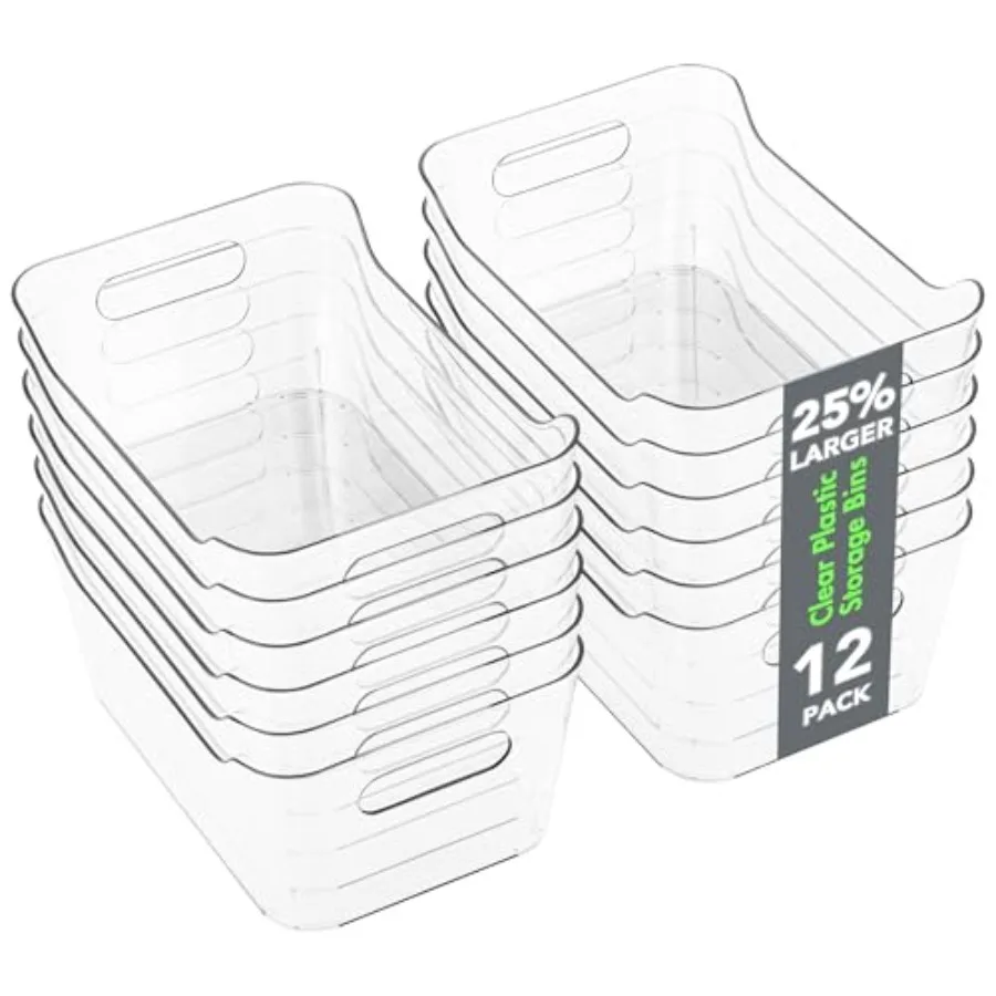 Confezione da 12 contenitori portaoggetti in plastica Contenitori organizer multiuso per dispensa, cucina, armadio da ufficio, scaffale e organizzazione del frigorifero con trasparente