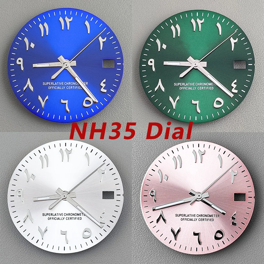 

NH35 dial 28.5mm Pink Arab dial no luminous S dial Silver stainless steel convex Arabic dial Watch accessories