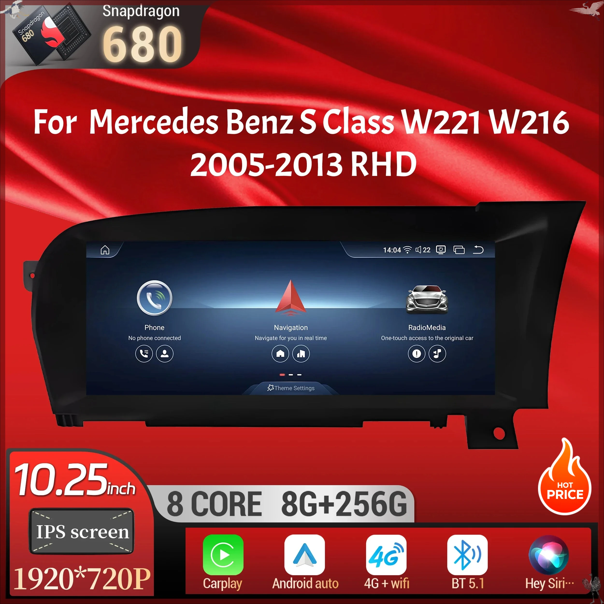 10.25inch For Mercedes Benz S Class W221 W216 2005-2013 Right Hand Drive Car Radio Android 14 BT Carplay Snapdragon 680 Screen