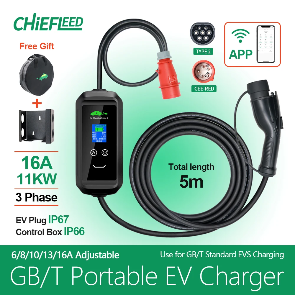 

Chiefleed APP GBT EV Charger WIFI Bluetooth Support 16A 3P 11KW EU Plug For Home Charge Delay Control By Phone IP66