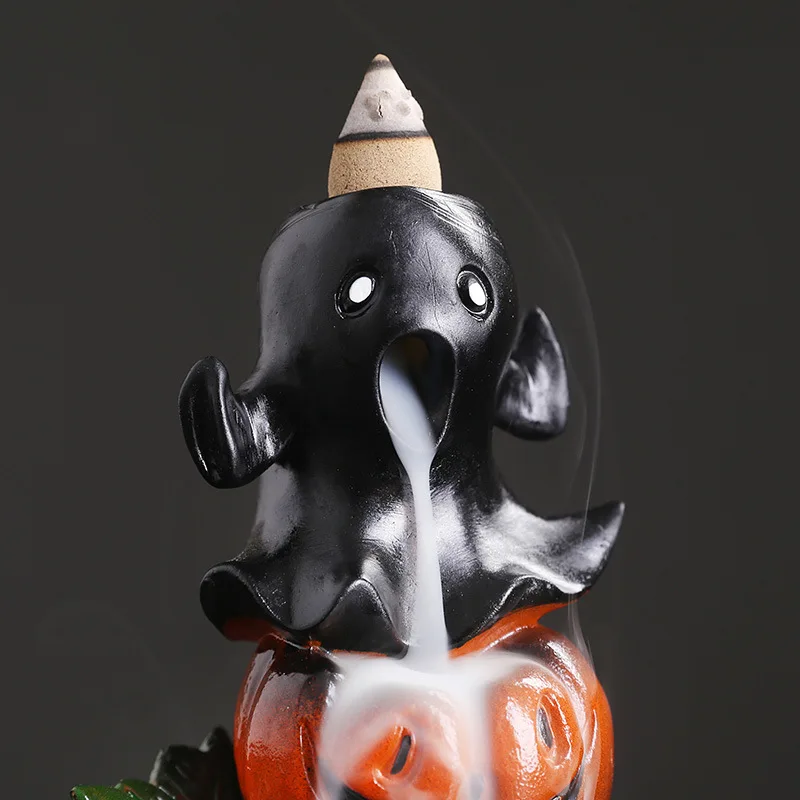 Creative Resin Pumpkin Backflow Incense Burner Halloween Ghost Festival Waterfall Smoke Censer Home Desktop Ornament  Gift