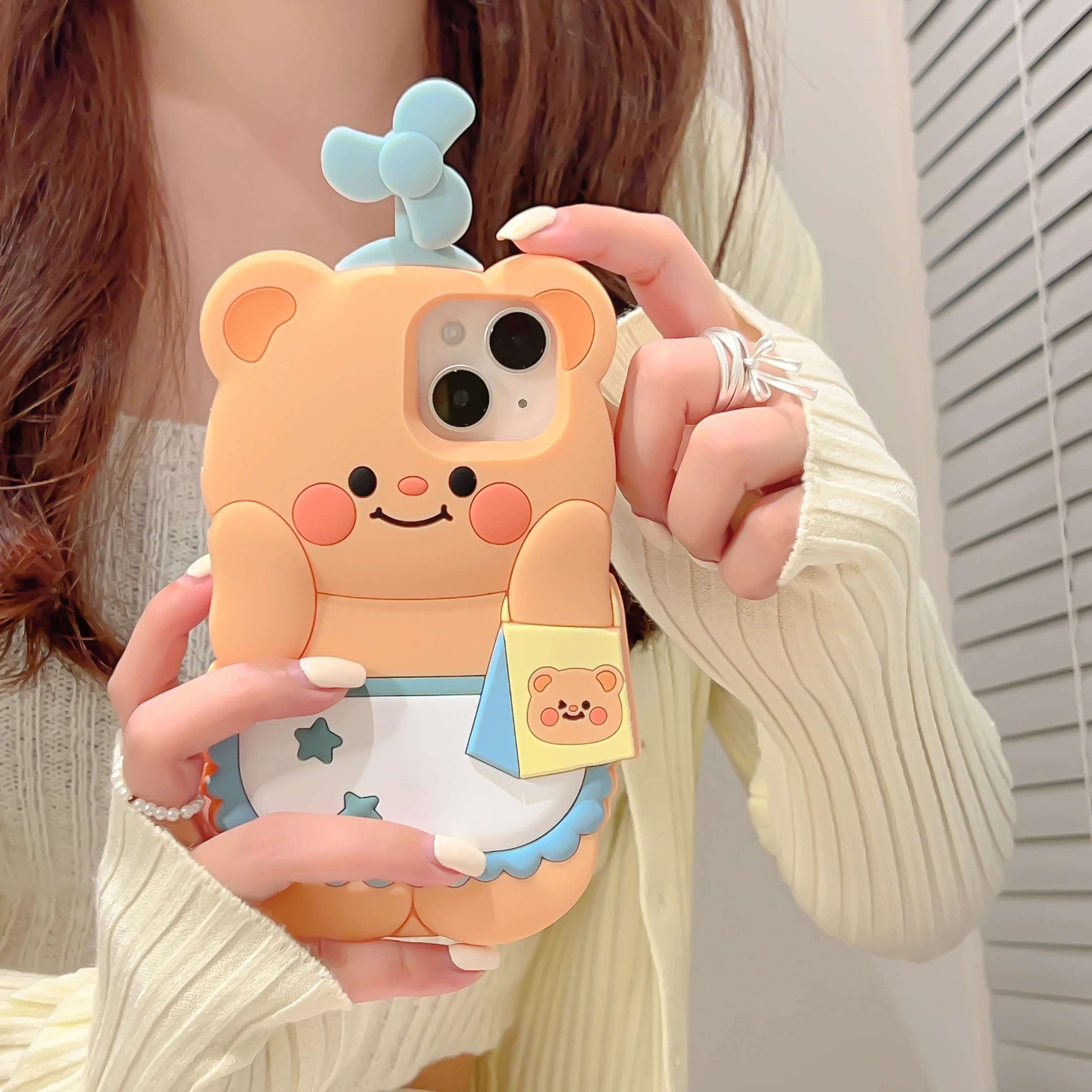 3D Cartoon Rotating Windmill Bear Phone Case for iPhone, Soft Silicone, Protective Back Cover, 13 Pro, 12, 11, 15, Pro, Max, New