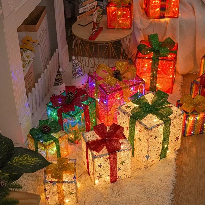 Three-piece New Christmas Gift Box Christmas Holiday Props Decoration Room Decoration Lights with LED Light String Warm Light