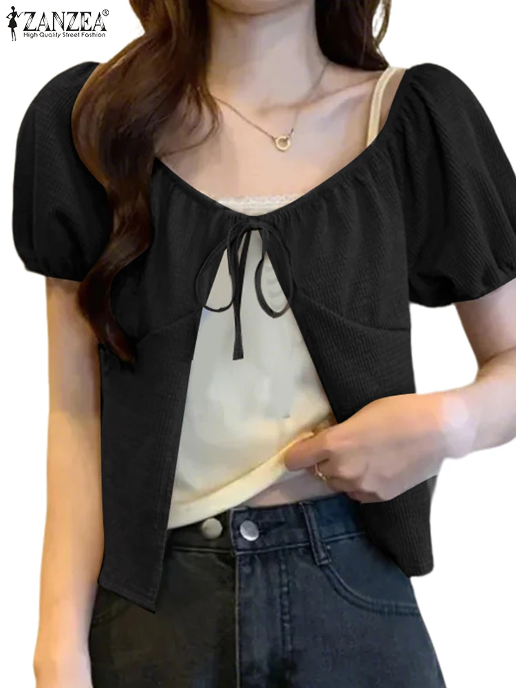 

Summer Casual Loose Shirts Women Solid Lace-Up Cardigans ZANZEA 2025 Short Sleeve Blusas Fashion O Neck Tunic Oversized S-3XL