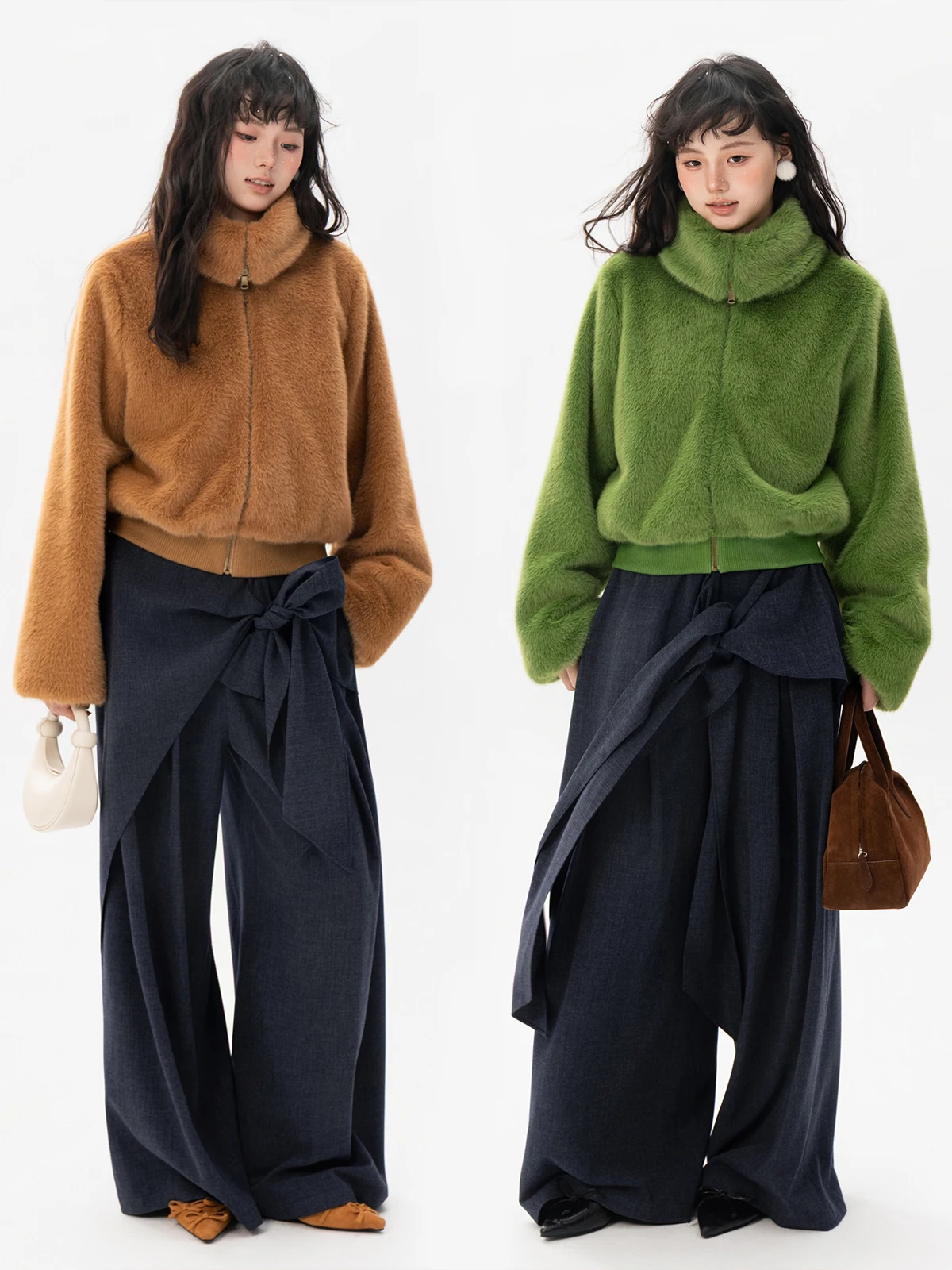 

BUD 2025 Winter New een Brown Eco-Friendly Fur Coat ort Women's Top Leather Jaet Stand Collar Long Sve Loose Fit