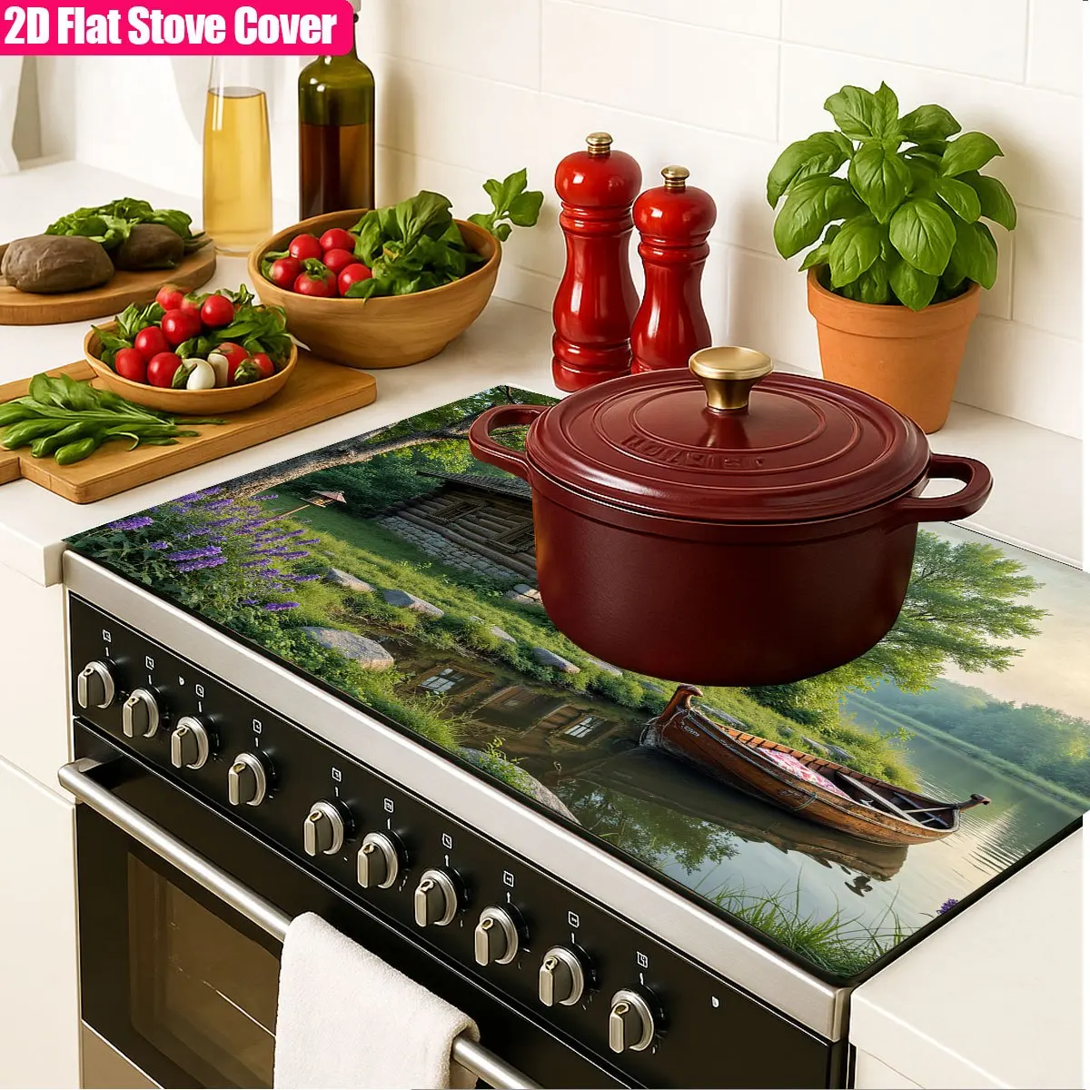 Rustic Cabin Lake Boat Stove Top Cover Heat Resistant Non Slip Protector Mat for Electric Cooktop Kitchen Decor 2D Flat Pad