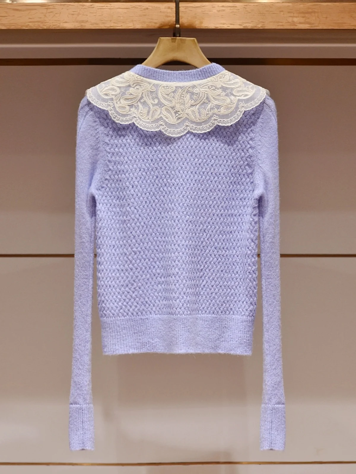 Small Fraance Sle Damen-Strickpullover, bestickt, lang, Sve-Puppenkragen, lila Twist-Strickwaren, damenhafter Pendler
