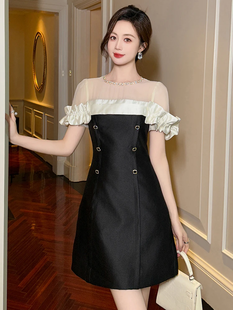 Summer Fashion Elegant Formal Occasion Evening Dress Women Clothes Retro Sheer Sexy O-Neck Puff Sleeve Slim Short A-Line Vestido