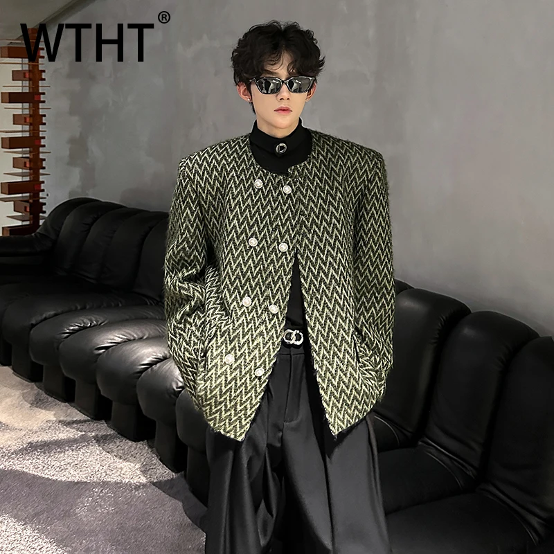 

WTHT Trendy 2025 Autumn Men's Shoulder Pads Striped Loose Coats Fashion Round Collar Double Breasted Jackets Male 2A2152
