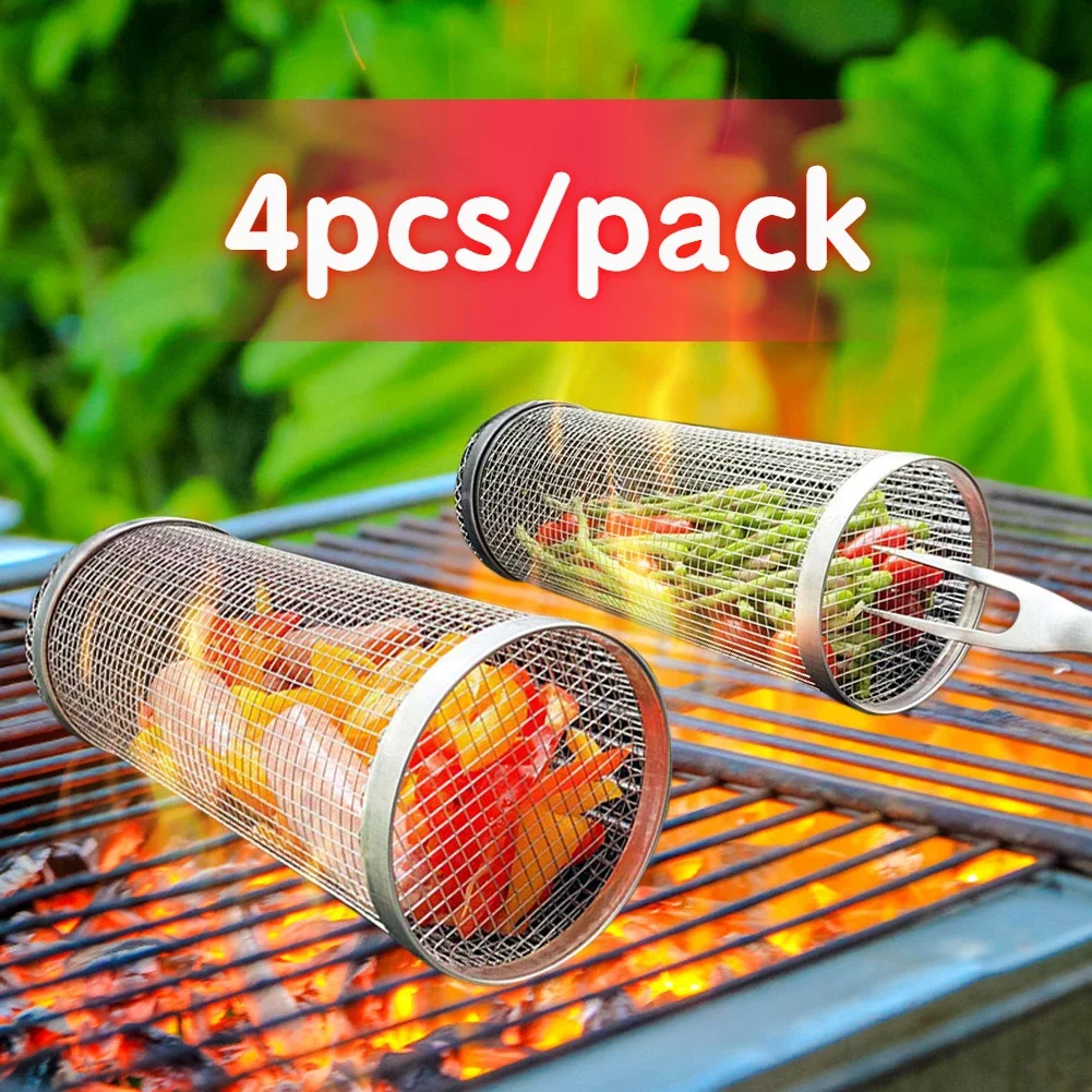 

304 Stainless Steel BBQ Mesh Basket Barbecue Rack Cage Net Grill Rolling Cylindrical Grill Picnic Camping Cookware, Kitchen Tool