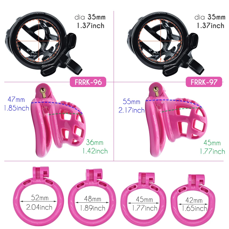 FRRK Pink Plastic Chastity Cage with 1.65inch 1.77inch 1.89inch 2.04inch Penis Rings for Adult Men BDSM Games Sex Pleasure