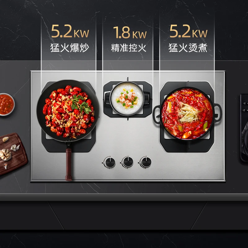 Fogão a gás com três queimadores, aço inoxidável, mesa de três queimadores, fogão duplo de gás natural embutido para casa