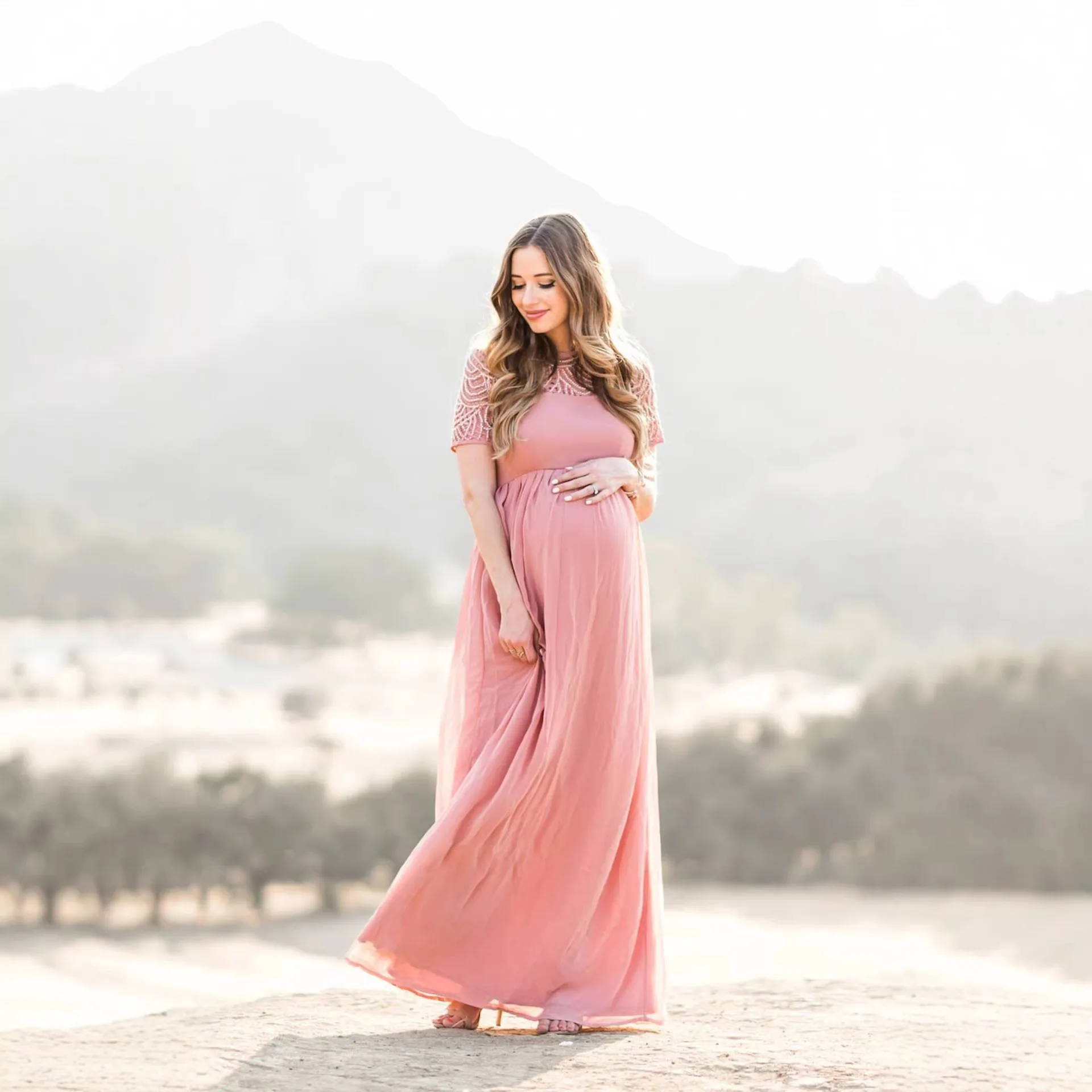 Dress for Pregnant Women Lace Maternity Sexy Loose Trailing Short-sleeved Soild Color Dress Pregnancy Clothes Clothing